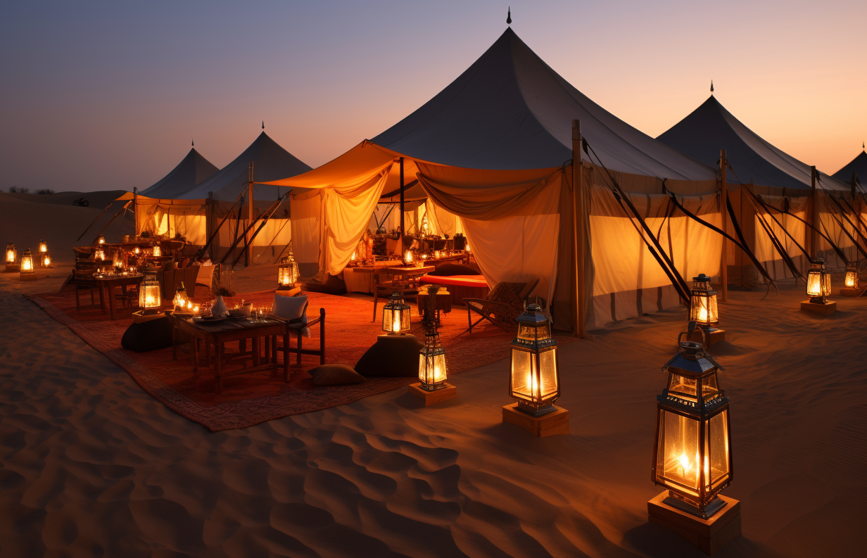 Desert camp seating in Dubai after sunset