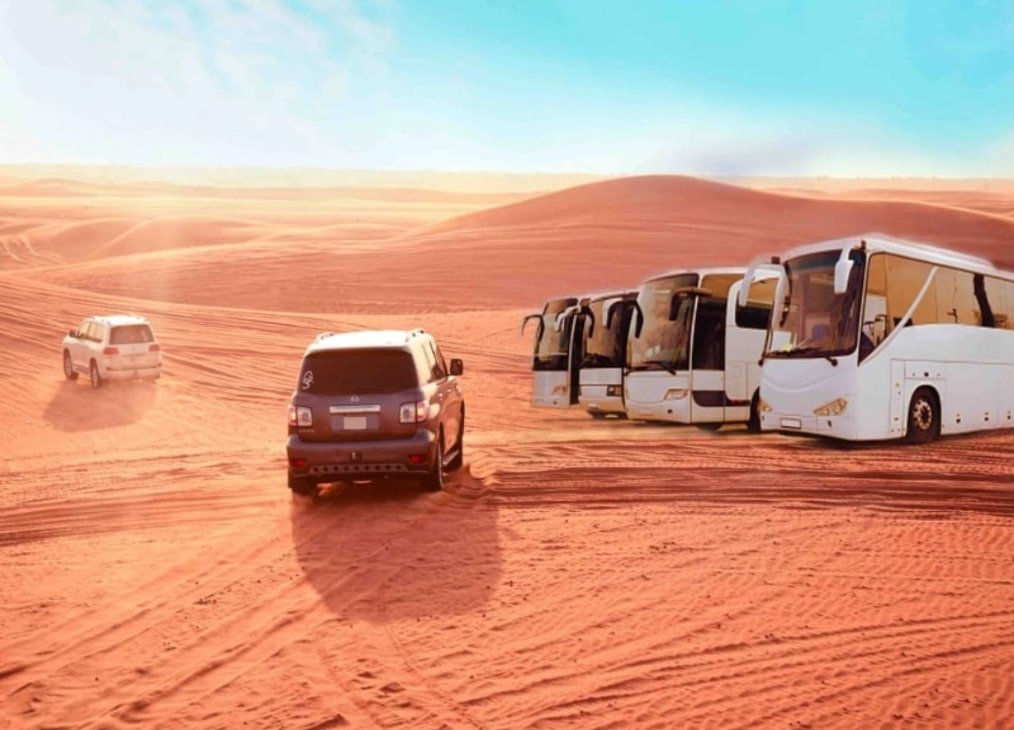 Sharing bus pickup for an Abu Dhabi desert safari from the city malls