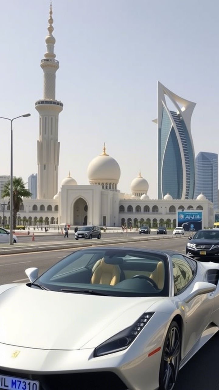Sheikh Zayed Grand Mosque and Abu Dhabi skyline on Abu Dhabi City Tour with Ferrari World option