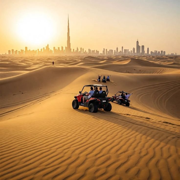 Dune buggies on the dunes with the city skyline behind