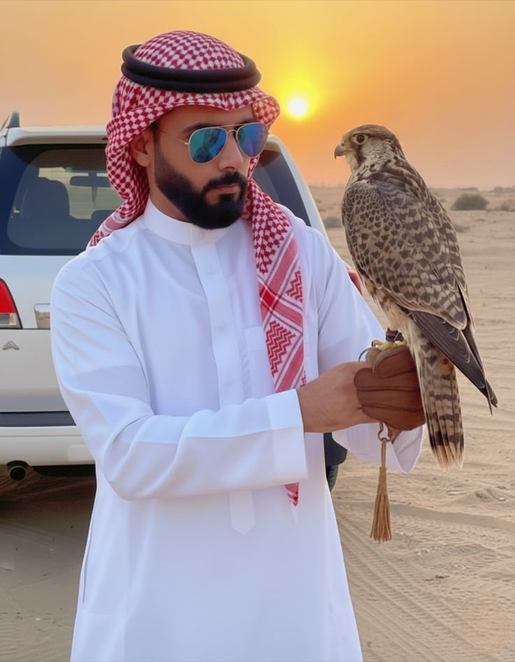 Emirati man in kandura holding a falcon at sunset