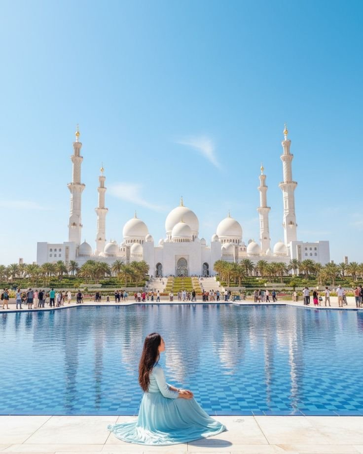 Full view of Sheikh Zayed Grand Mosque with reflecting pool on Abu Dhabi City Tour