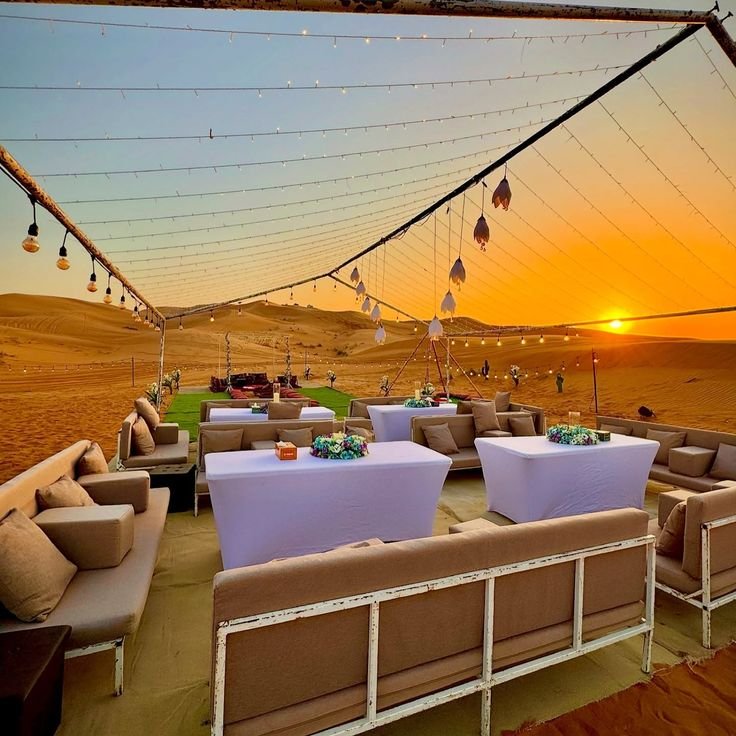 VIP majlis seating ready at camp after Dubai and Sharjah hotel pickup